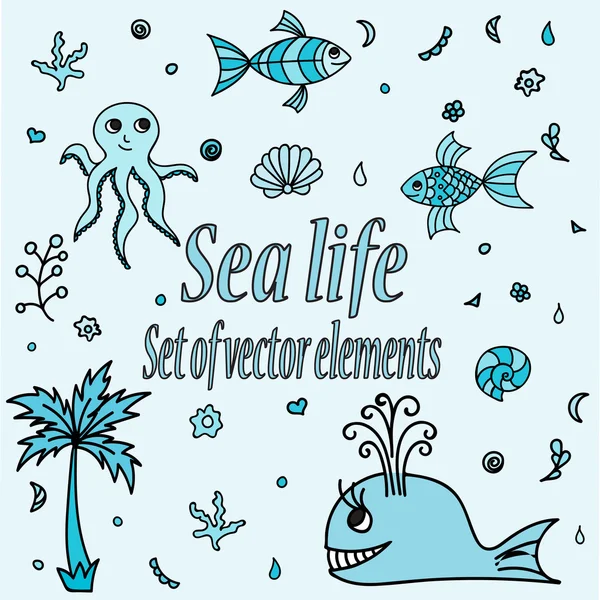 Set zeedieren en elementen. Leuke aquatische schepselen. Hand getekende illustratie met schelpen, walvis, palm, boom, vissen, octopus en koraal. Vector cartoon pictogrammen. Marine leven — Stockvector