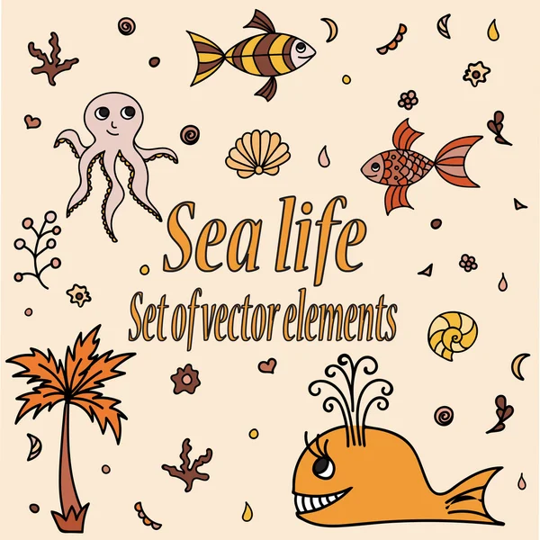 Set zeedieren en elementen. Leuke aquatische schepselen. Hand getekende illustratie met schelpen, walvis, palm, boom, vissen, octopus en koraal. Vector cartoon pictogrammen. Marine leven — Stockvector