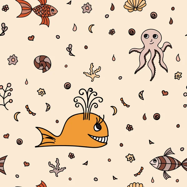 Underwater wildlife, cartoon animals. Vector illustration of happy fun sea creatures. Seamless pattern. Orange background. Texture with marine life. — Stock vektor