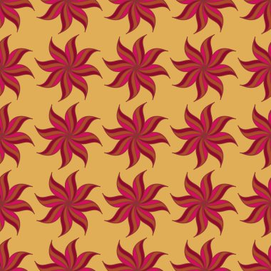 Stylized star anise seamless pattern. Red elements on yellow background. Abstract texture. Summer bright backdrop. Vector illustration.