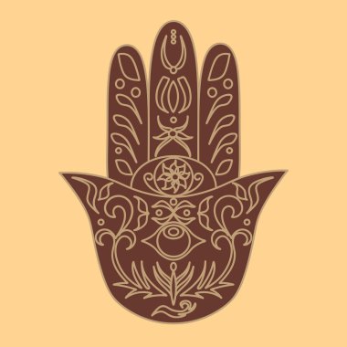 Zarif süslü el Hamsa çekilmiş. Fatima'nın el. İyi şanslar ve koruma muska Hint, Arap Yahudi kültürleri. Süs izole vektör çizim. Gücü ve mutluluğun sembolü ile kartı