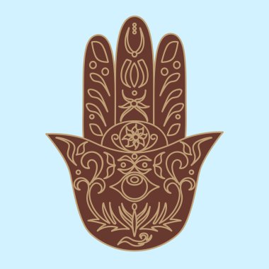 Zarif süslü el Hamsa çekilmiş. Fatima'nın el. İyi şanslar ve koruma muska Hint, Arap Yahudi kültürleri. Süs izole vektör çizim. Gücü ve mutluluğun sembolü ile kartı