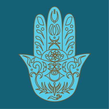 Zarif süslü el Hamsa çekilmiş. Fatima'nın el. İyi şanslar ve koruma muska Hint, Arap Yahudi kültürleri. Süs izole vektör çizim. Gücü ve mutluluğun sembolü ile kartı