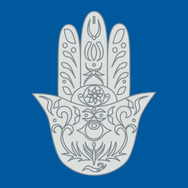 Zarif süslü el Hamsa çekilmiş. Fatima'nın el. İyi şanslar ve koruma muska Hint, Arap Yahudi kültürleri. Süs izole vektör çizim. Gücü ve mutluluğun sembolü ile kartı