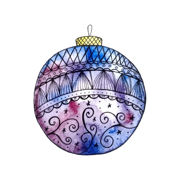 Один синий рождественский шар изолирован на белом фоне. Элемент для вашего дизайна. Можно использовать для открытки, тега, стикера, открытки. Акварель праздничный рисунок. Рождественское украшение. Векторная иллюстрация . — стоковый вектор
