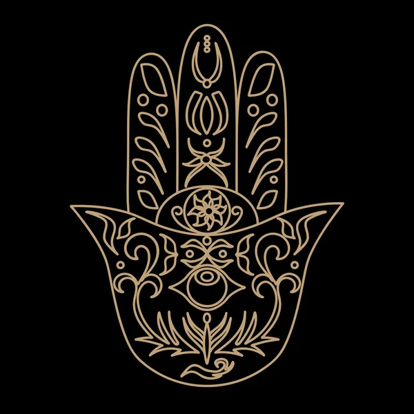 Elegante ornato disegnato a mano Hamsa. Mano di Fatima. Buona fortuna e amuleto protettivo nelle culture ebraiche indiane e arabe. Illustrazione vettoriale ornamentale isolata.Scheda con simbolo di forza e felicità — Vettoriale Stock