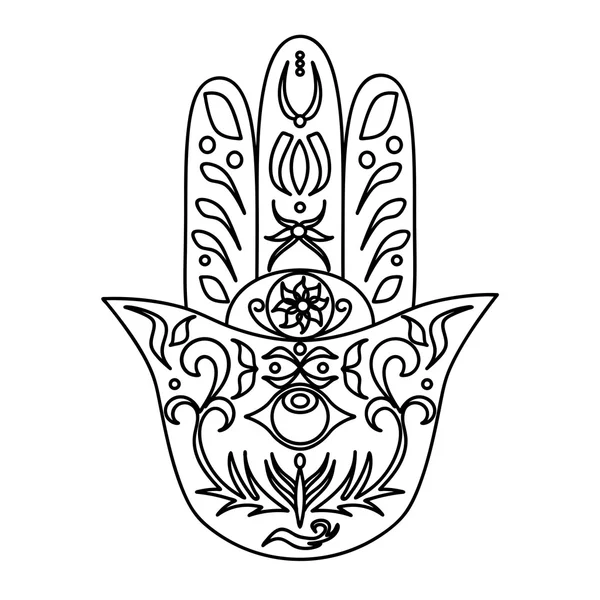 エレガントな華やかな手は、ハムサを描画されます。ファティマの手。インド、アラビアのユダヤ人の文化で良い運と保護お守り。観賞用分離ベクトル イラスト。強さと幸福のシンボルを持つカード — ストックベクタ