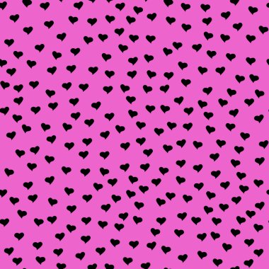 Seamless pattern with tiny black hearts. Abstract repeating. Cute backdrop. Hot pink background. Template for Valentine's, Mother's Day, wedding, scrapbook, surface textures. Vector illustration.