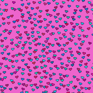 Seamless pattern with tiny colorful hearts. Abstract repeating. Cute backdrop. Hot pink background. Template for Valentine's, Mother's Day, wedding, scrapbook, surface textures. Vector illustration.