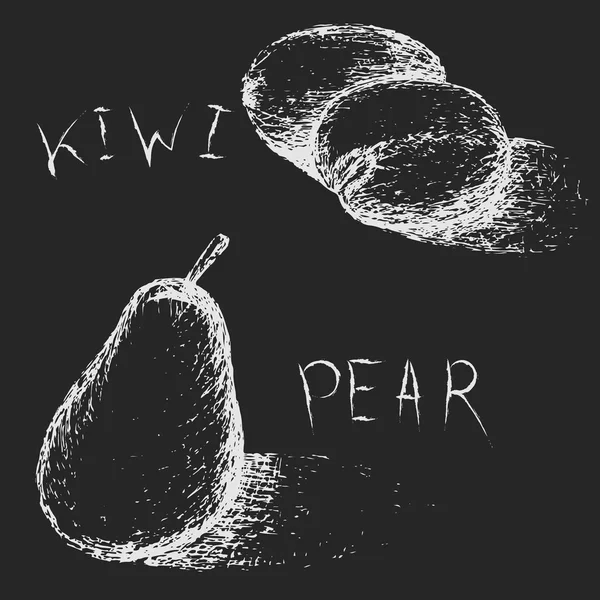 Hand drawn fruits. Summer fruit sketch set. Kiwi and pear for juice menu. Linear white elements on black background. Chalk grungy drawing on blackboard. Chalk board imitation. Vector illustration.