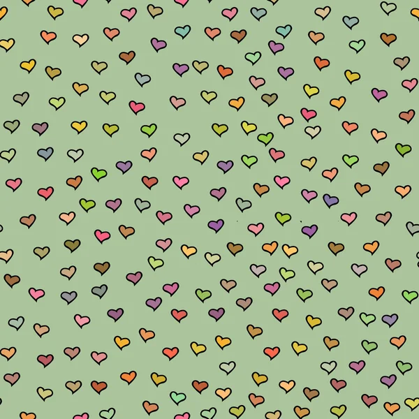 Seamless pattern with tiny colorful hearts. Abstract repeating. Cute backdrop. Gray green background. Template for Valentine's, Mother's Day, wedding, scrapbook, surface textures. Vector illustration. — Stockový vektor