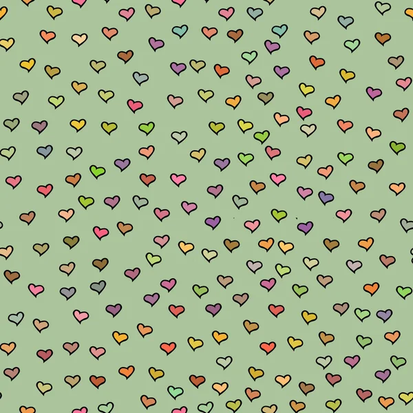 Seamless pattern with tiny colorful hearts. Abstract repeating. Cute backdrop. Gray green background. Template for Valentine's, Mother's Day, wedding, scrapbook, surface textures. Vector illustration.