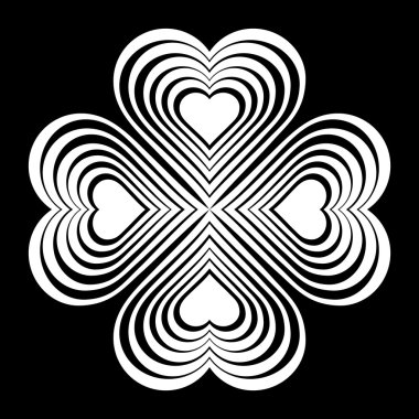 White Celtic heart knot - stylized symbol. Made of hearts. Four-leaf clover. Isolated design element. Black background. Vector illustration.