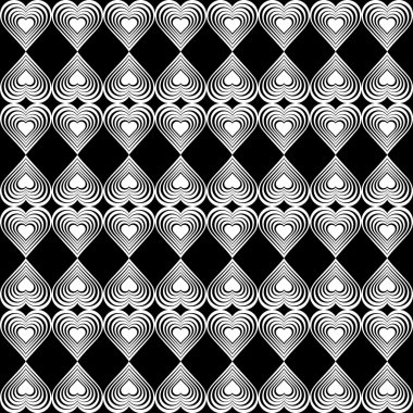 Seamless geometric pattern with stylized hearts. Repeating vintage texture. Abstract white and black background. Retro backdrop. Vector illustration.