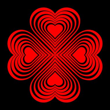 Red Celtic heart knot - stylized symbol. Made of hearts. Four-leaf clover. Isolated design element. Black background. Vector illustration. clipart