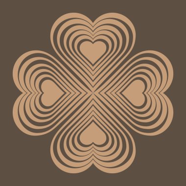 Beige Celtic heart knot - stylized symbol. Made of hearts. Four-leaf clover. Isolated design element. Brown background. Vector illustration.
