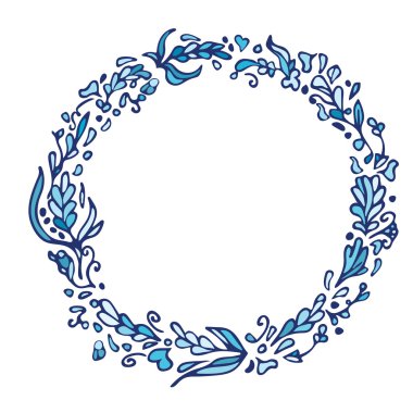 Leaf doodle wreath. Vintage round blue frame isolated on white. Space for your text. Floral illustration.Template for wedding invitation, save the date, greeting, birthday cards. Decorative element.