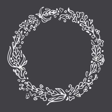 Leaf doodle wreath. Chalkboard imitation. Vintage round frame on blackboard. Space for text.Floral vector illustration.Template for wedding invitation, save the date,greeting card. Decorative element.