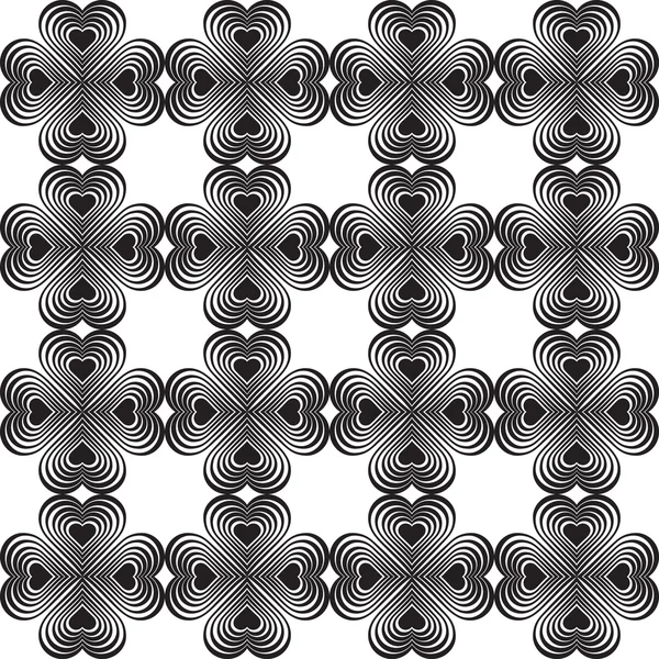 Seamless geometric pattern with stylized hearts. Repeating vintage texture. Abstract white and black background.Monochrome backdrop. Celtic element. Four-leaf clover shaped knots.Vector illustration. — Stock Vector