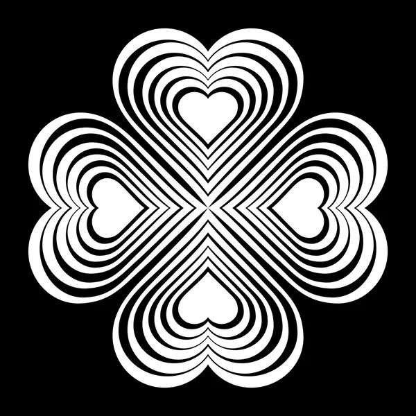 White Celtic heart knot - stylized symbol. Made of hearts. Four-leaf clover. Isolated design element. Black background. Vector illustration. — Stockový vektor