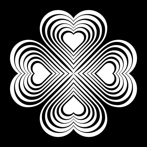White Celtic heart knot - stylized symbol. Made of hearts. Four-leaf clover. Isolated design element. Black background. Vector illustration.