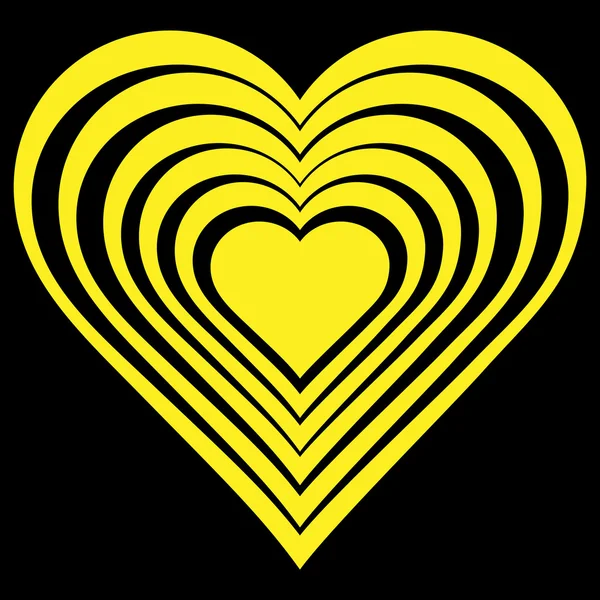 Ilustração vetorial do coração amarelo. Isolado em fundo preto. Símbolo de amor. Fundo geométrico. Ilusão óptica. Cenário abstrato. O cartão do Dia dos Namorados. Cartaz gráfico . — Vetor de Stock