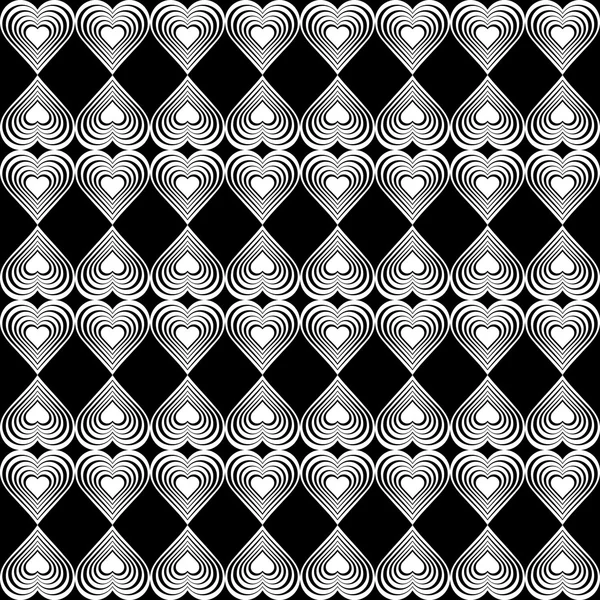 Seamless geometric pattern with stylized hearts. Repeating vintage texture. Abstract white and black background. Retro backdrop. Vector illustration. — Stock Vector