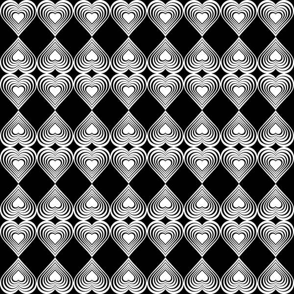 Seamless geometric pattern with stylized hearts. Repeating vintage texture. Abstract white and black background. Retro backdrop. Vector illustration. — Stok Vektör