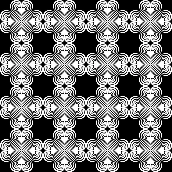 Seamless geometric pattern with stylized hearts. Repeating vintage texture. Abstract white and black background.Monochrome backdrop. Celtic element. Four-leaf clover shaped knots.Vector illustration. — Stock Vector