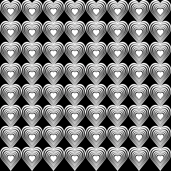 Seamless geometric pattern with stylized hearts. Repeating vintage texture. Abstract white and black background. Monochrome retro backdrop. Vector illustration. — Stockvector