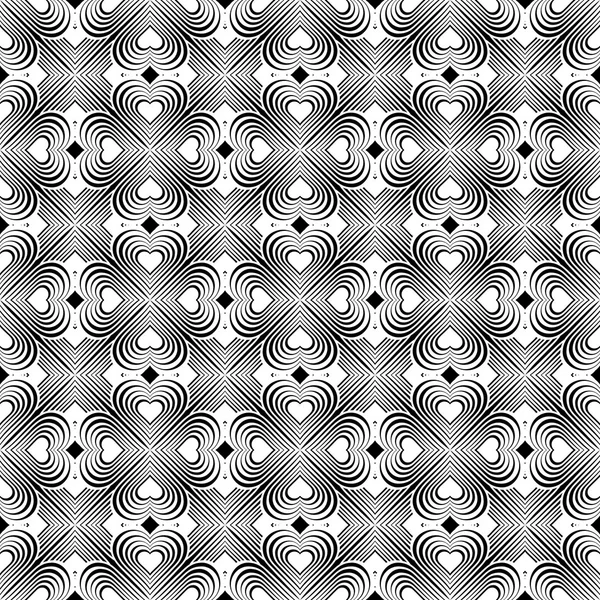 Seamless geometric pattern with stylized hearts. Repeating vintage texture. Abstract white and black background. Retro backdrop. Celtic element. Four-leaf clover shaped knots.Vector illustration. — Stock Vector