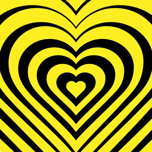 Vector illustration of abstract heart. Love symbol. Geometric background. Optical illusion. Yellow and black backdrop. Valentine's Day card. Graphic poster. Use for invitation, wallpaper, web element. — Stok Vektör