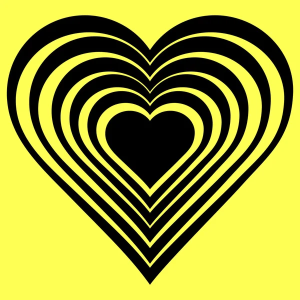 Siyah kalbin vektör illüstrasyonu. Sarı arka planda izole edilmiş. Aşk sembolü. Geometrik arka plan. Optik illüzyon. Soyut arka plan. Sevgililer Günü kartı. Grafik afiş. — Stok Vektör