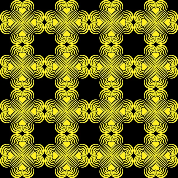 Padrão geométrico sem costura com corações estilizados. Repetindo a textura vintage. Fundo abstrato amarelo e preto.Fundo brilhante. Elemento celta. Nós em forma de trevo de quatro folhas. Ilustração vetorial . —  Vetores de Stock