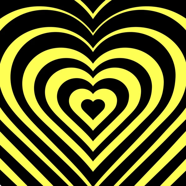 Vektorillustration des abstrakten Herzens. Liebessymbol. geometrischer Hintergrund. Optische Täuschung. gelb-schwarzer Hintergrund. Valentin-Tageskarte. Grafikplakat. Verwendung für Einladung, Tapete, Webelement. — Stockvektor