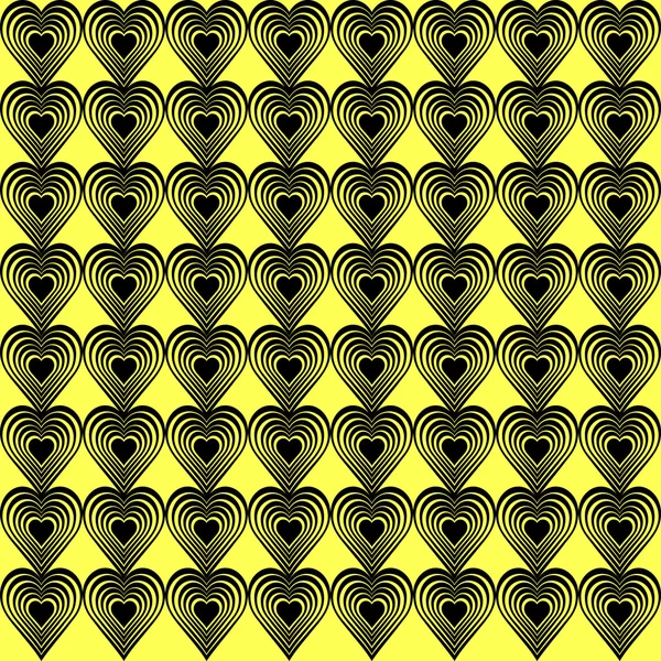 Seamless geometric pattern with stylized hearts. Repeating vintage texture. Abstract yellow and black background. Bright retro backdrop. Vector illustration. — Stockový vektor