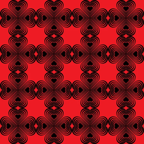 Seamless geometric pattern with stylized hearts. Repeating vintage texture. Abstract red and black background.Bright retro backdrop. Celtic element. Four-leaf clover shaped knots.Vector illustration. — Stock Vector
