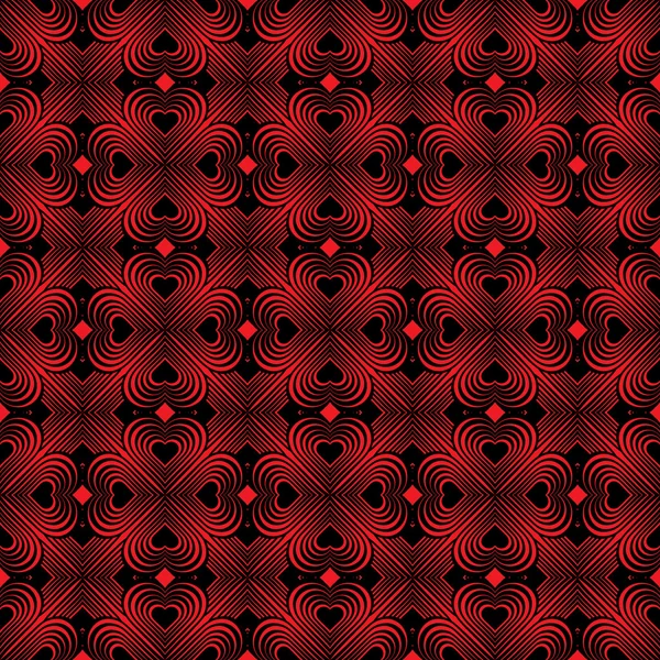 Nahtlose geometrische Muster mit stilisierten Herzen. Wiederholung der alten Textur. abstrakter roter und schwarzer Hintergrund. dunkle Retro-Kulisse. keltisches Element. vierblättrige kleeblattförmige Knoten. Vektorillustration. — Stockvektor