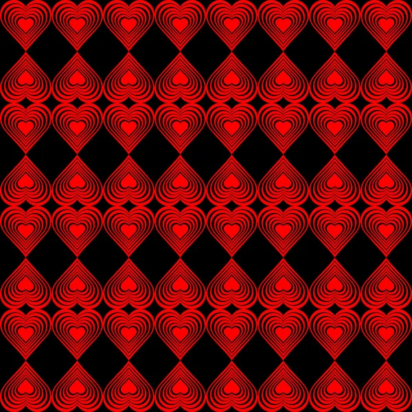 Seamless geometric pattern with stylized hearts. Repeating vintage texture. Abstract red and black background. Bright retro backdrop. Vector illustration. — 스톡 벡터