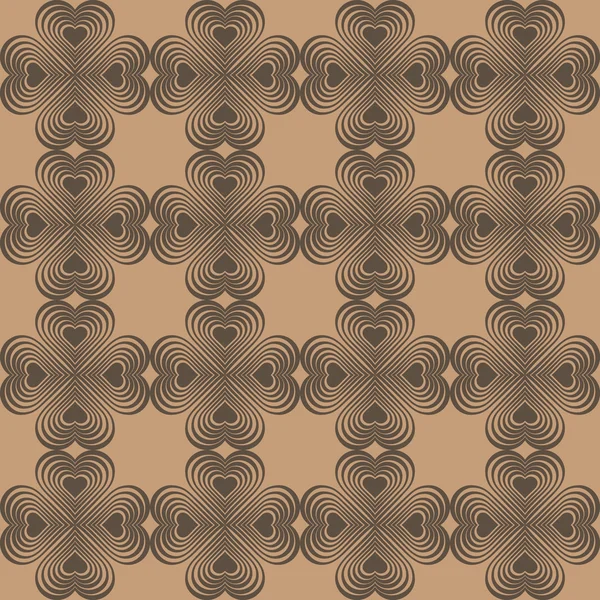 Seamless geometric pattern with stylized hearts. Repeating vintage texture. Abstract brown background. Beige retro backdrop. Celtic element. Four-leaf clover shaped knots. Vector illustration. — Stock Vector