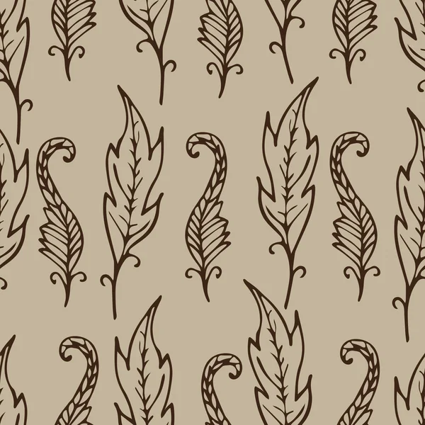 Repeating floral and feather pattern. Seamless texture with doodle leaves. Beige and brown colors. Abstract background. Vector illustration. For textile,wrapping, wallpaper or cloth design. — Stock Vector