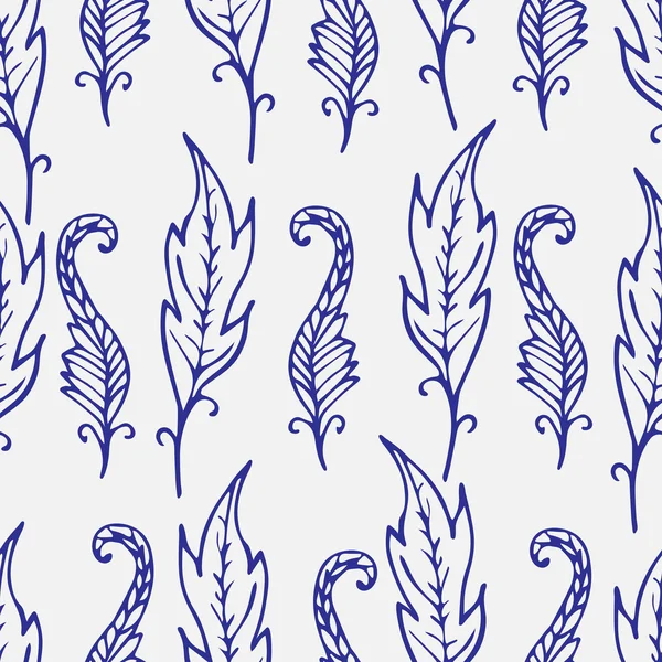 Repeating floral and feather pattern. Seamless texture with blue leaves on white background. Light backdrop with doodle elements. Vector illustration. For textile, wrapping, wallpaper, cloth design. — Stock Vector