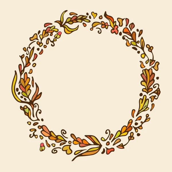 Leaf doodle wreath. Vintage round frame. Warm colors. Space for text. Floral vector illustration.Template for wedding invitation, save the date, greeting, birthday cards. Decorative design element. — Stockvector