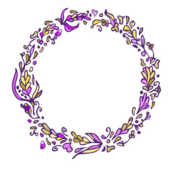 Leaf doodle wreath. Vintage round frame on white background. Space for your text. Floral illustration.Template for wedding invitation,save the date,greeting,birthday cards. Decorative design element. — Stockvector