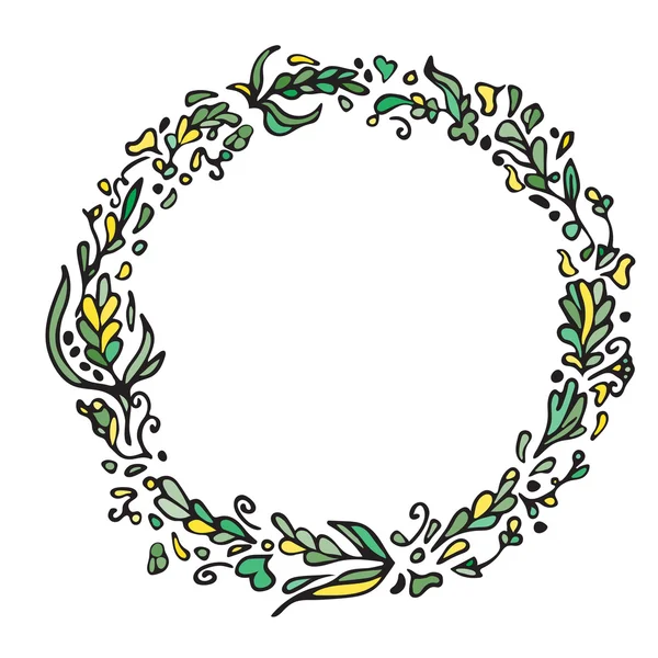 Leaf doodle wreath. Vintage round green frame isolated on white. Space for your text. Floral illustration.Template for wedding invitation, save the date, greeting, birthday cards. Decorative element. — Stockvector