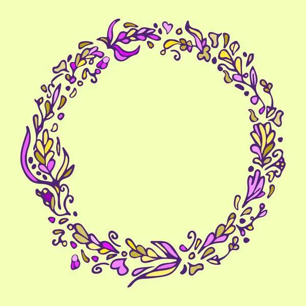 Leaf doodle wreath. Vintage round frame on yellow background. Space for your text. Floral illustration.Template for wedding invitation,save the date,greeting,birthday cards. Decorative design element. — Stockvector