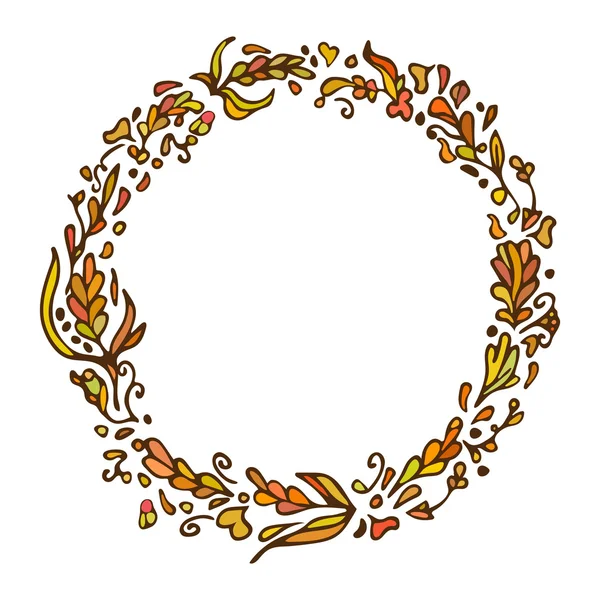 Leaf doodle wreath. Vintage round frame isolated on white. Warm colors. Space for text. Floral illustration.Template for wedding invitation, save the date, greeting,birthday cards. Decorative element. — Stockvector