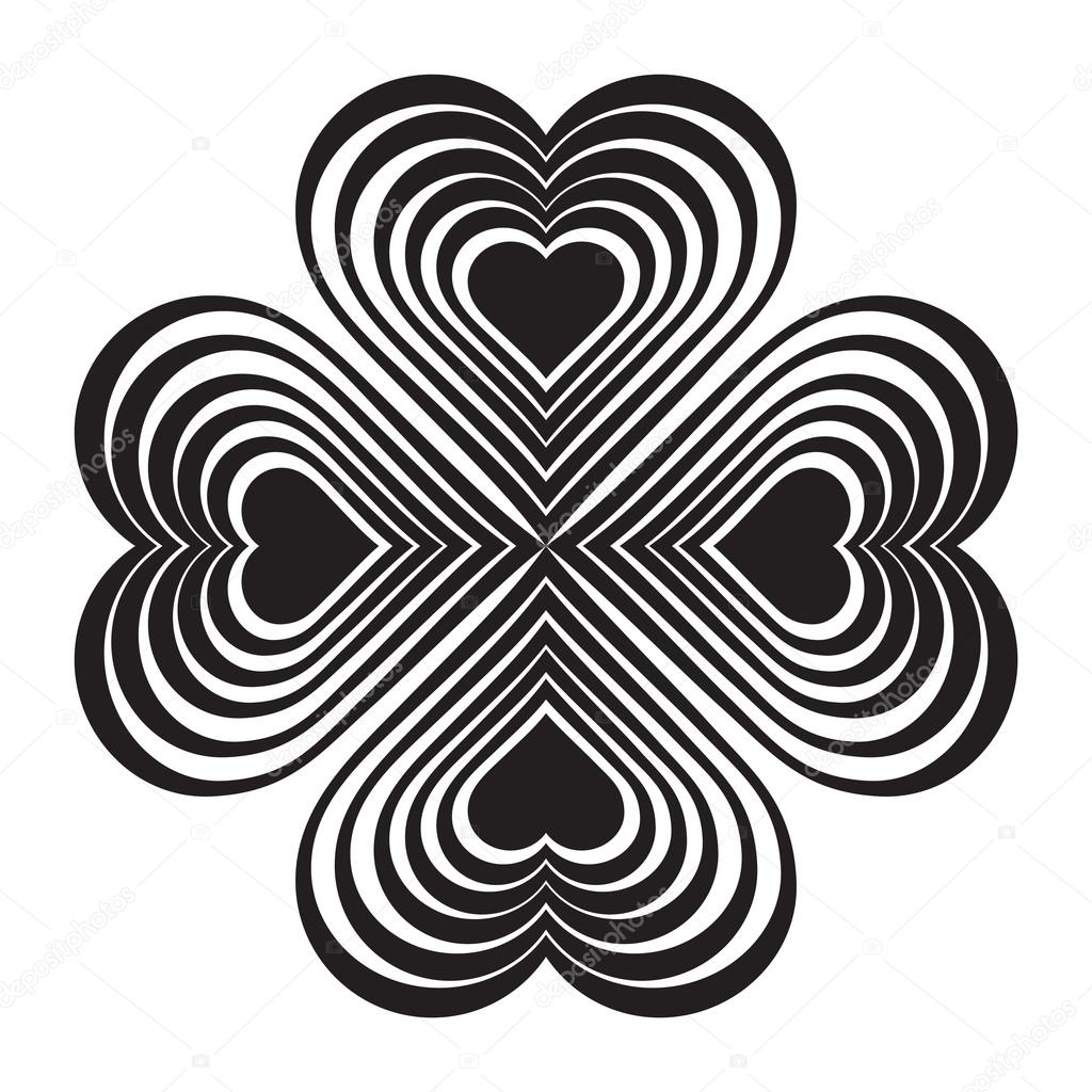 Black Celtic heart knot - stylized symbol. Made of hearts. Four-leaf clover. Isolated design element. White background. Vector illustration.