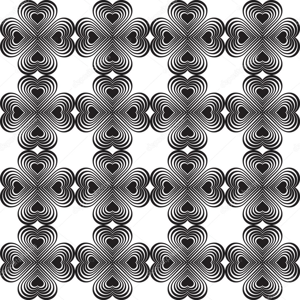 Seamless geometric pattern with stylized hearts. Repeating vintage texture. Abstract white and black background.Monochrome backdrop. Celtic element. Four-leaf clover shaped knots.Vector illustration.