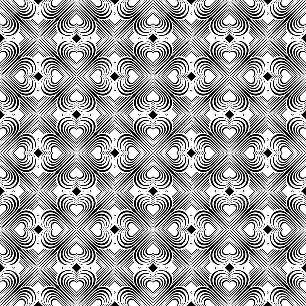 Seamless geometric pattern with stylized hearts. Repeating vintage texture. Abstract white and black background. Retro backdrop. Celtic element. Four-leaf clover shaped knots.Vector illustration.